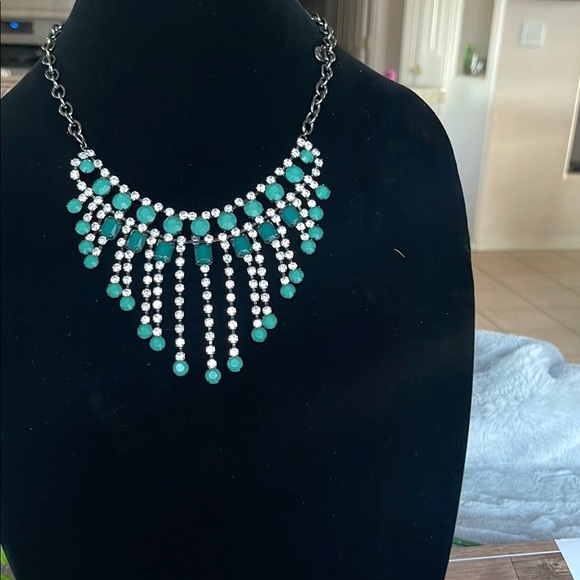 Guess Green and Silver Statement Necklace with Cascading Beads - Picture 1 of 5